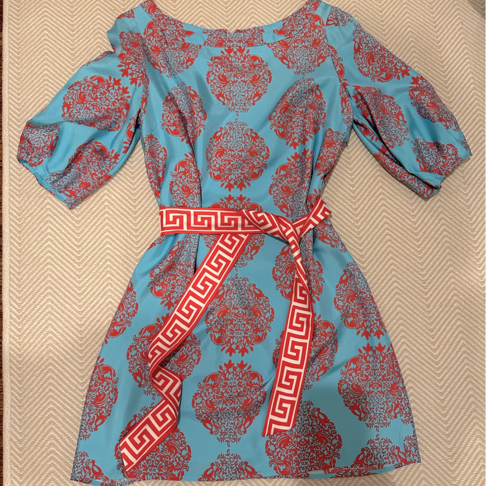 Lilly Pulitzer silk dress with Greek key tie waist belt - teal and coral
